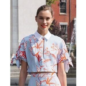 Lela Rose Top Womens 8 Floral Striped Spring Tie Sleeve Cropped Blouse